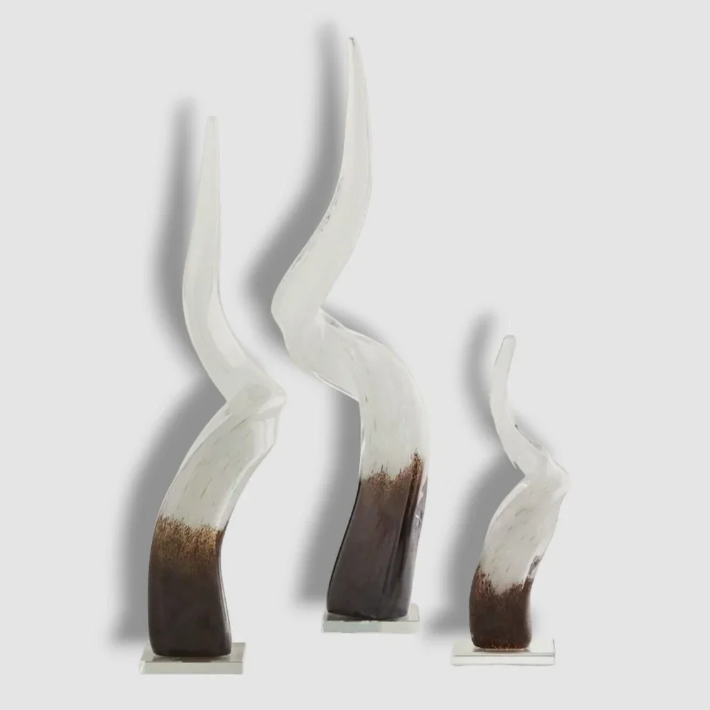 $298 Global Views White Glass Horns 3pc Decorative Centerpiece Table Sculpture